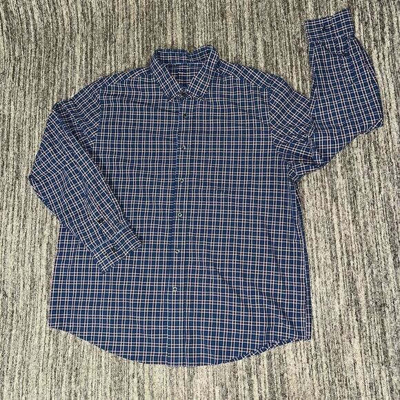 George Mens‎ XL Button Front Shirt Red Blue Plaid Print Long Sleeves Patriotic - Picture 1 of 5